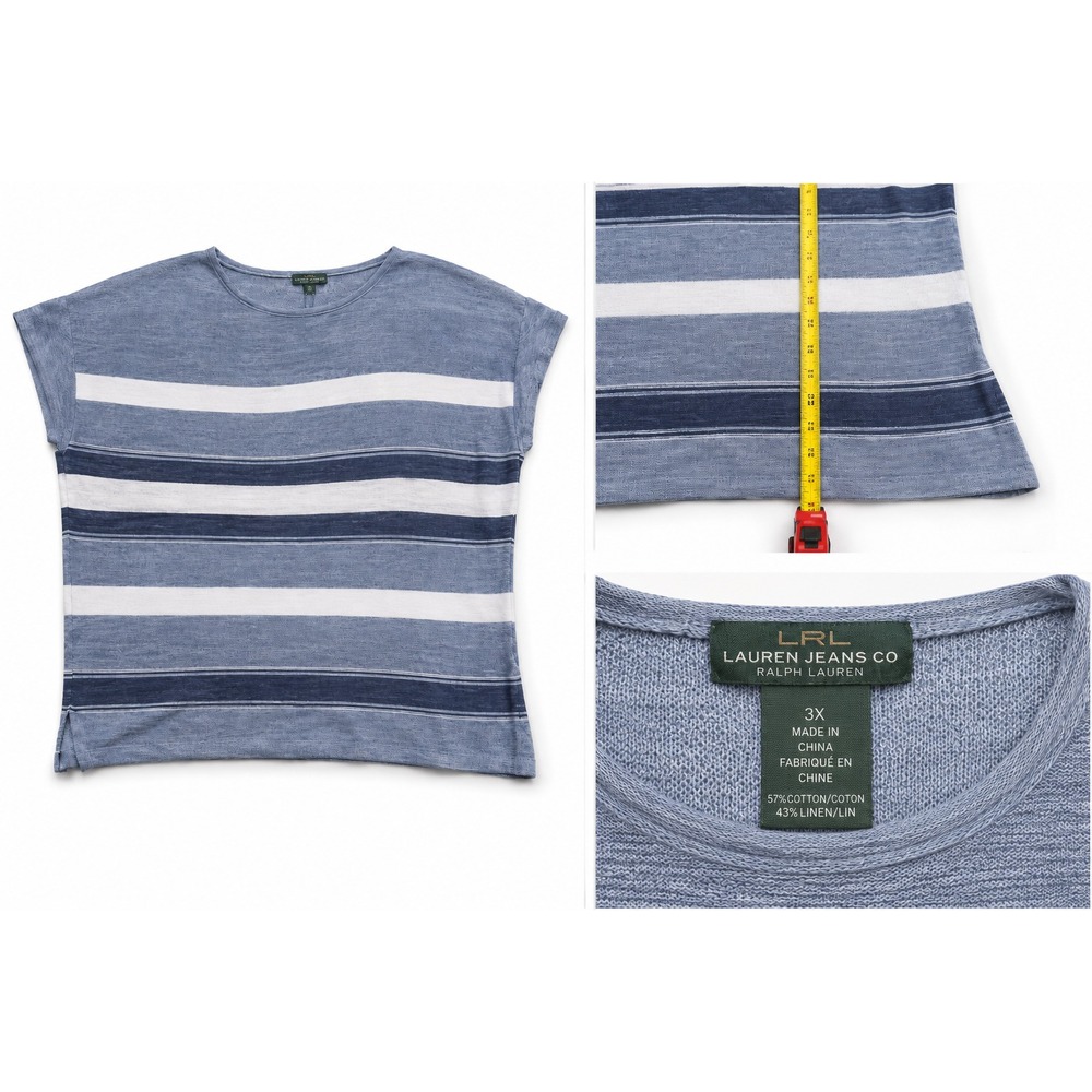 LRL Ralph Lauren Top Women's 3X Blue Striped Linen Knit